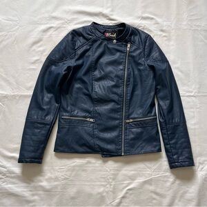 B.Sweet Faux Leather Edgy Chic Moto Inspired Asymmetrical Zip Jacket, Sz M, Blue